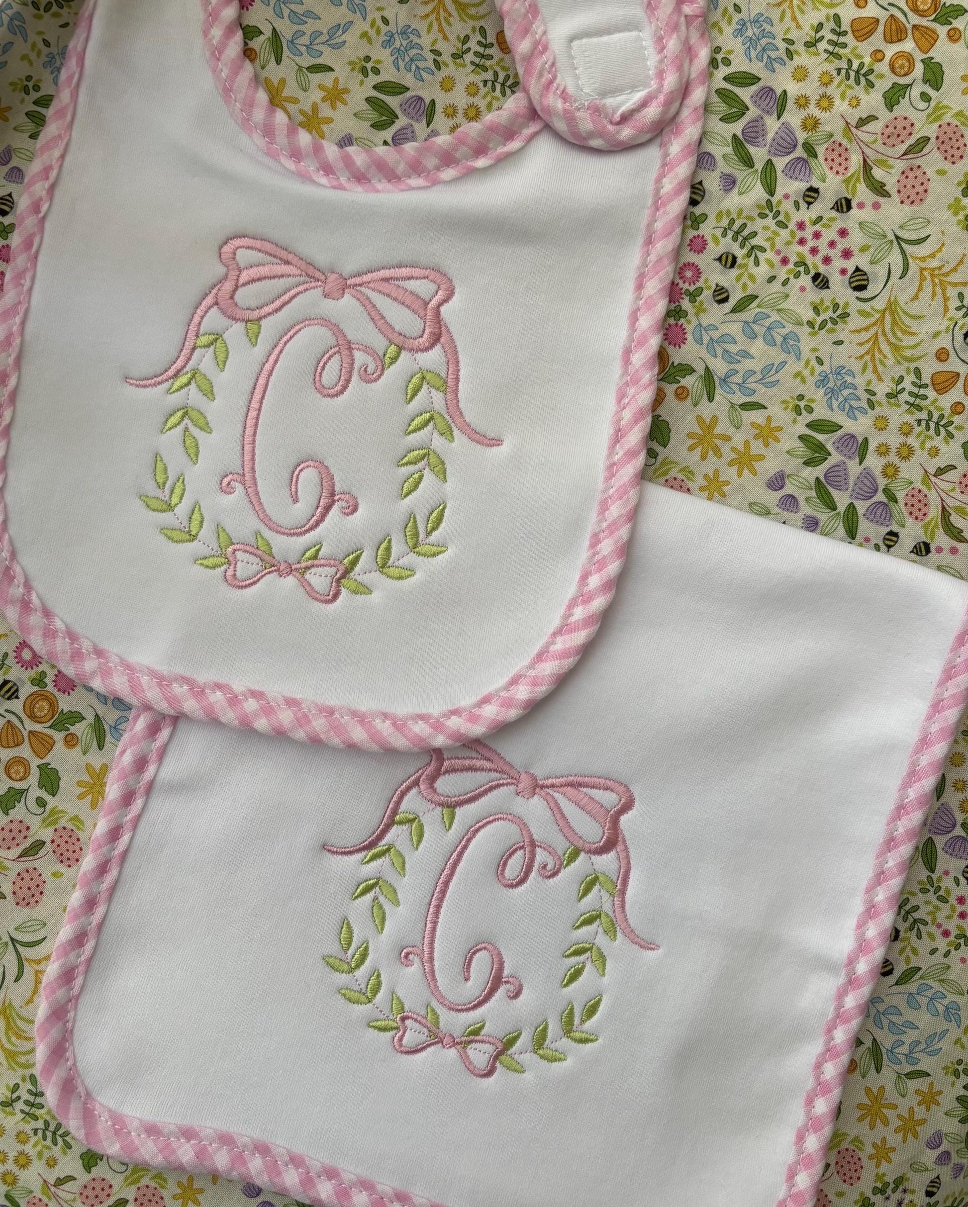 Monogrammed Bib and Burp Cloth Set: Gingham Trim, Laurel Initial