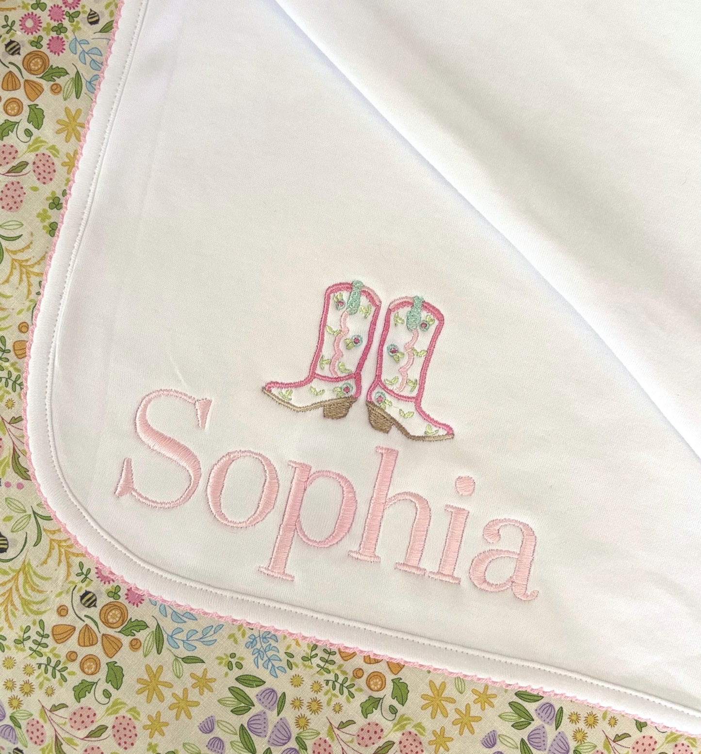 Monogrammed Baby Picot Trim Blanket, Cowgirl Boots Name, personalized baby gift, baby shower gift