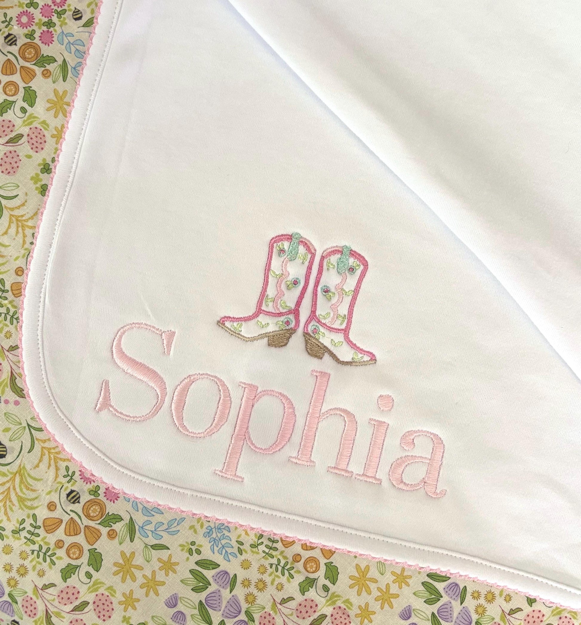 Monogrammed Baby Picot Trim Blanket, Cowgirl Boots Name, personalized baby gift, baby shower gift
