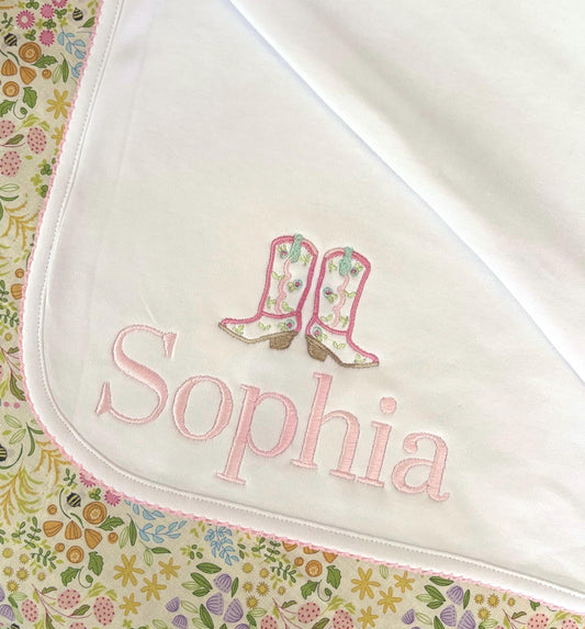 Monogrammed Baby Picot Trim Blanket, Cowgirl Boots Name, personalized baby gift, baby shower gift